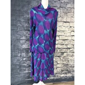 Elyssa Sweater Skirt Set Womens Small Purple Teal Cowl Neck Knit Two Piece Print